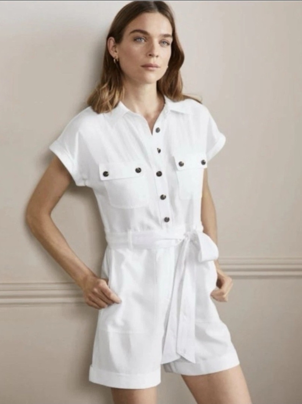 Boden Pocket Detail Romper Womens Size 10R White Casual Short-Sleeve Tie Belt